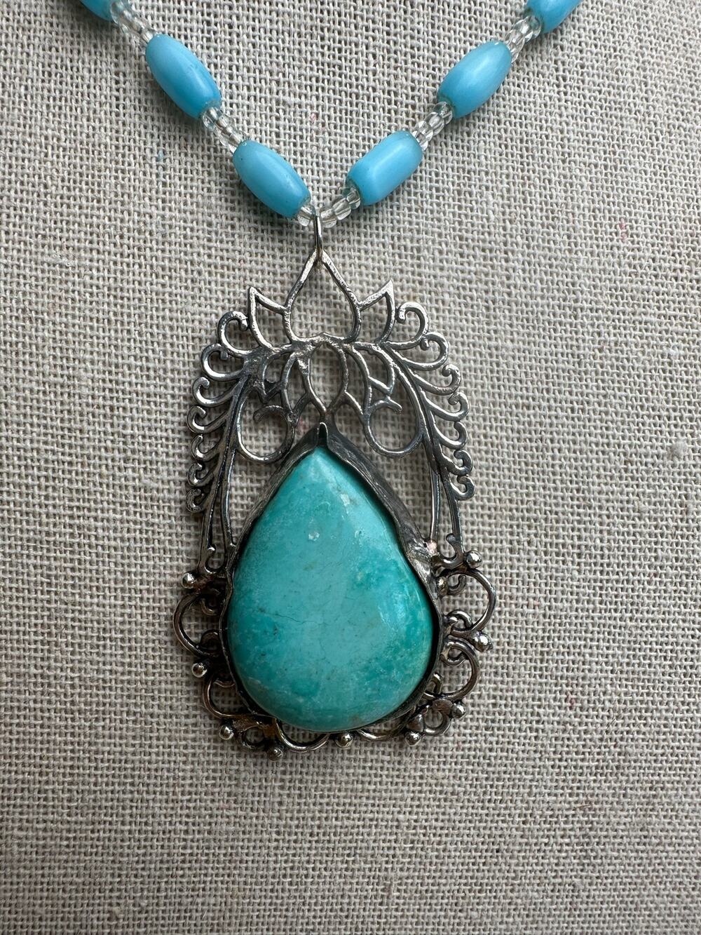 Sterling 925 Turquoise Teardrop Handmade Rustic Pendant Large Ornate Southwest